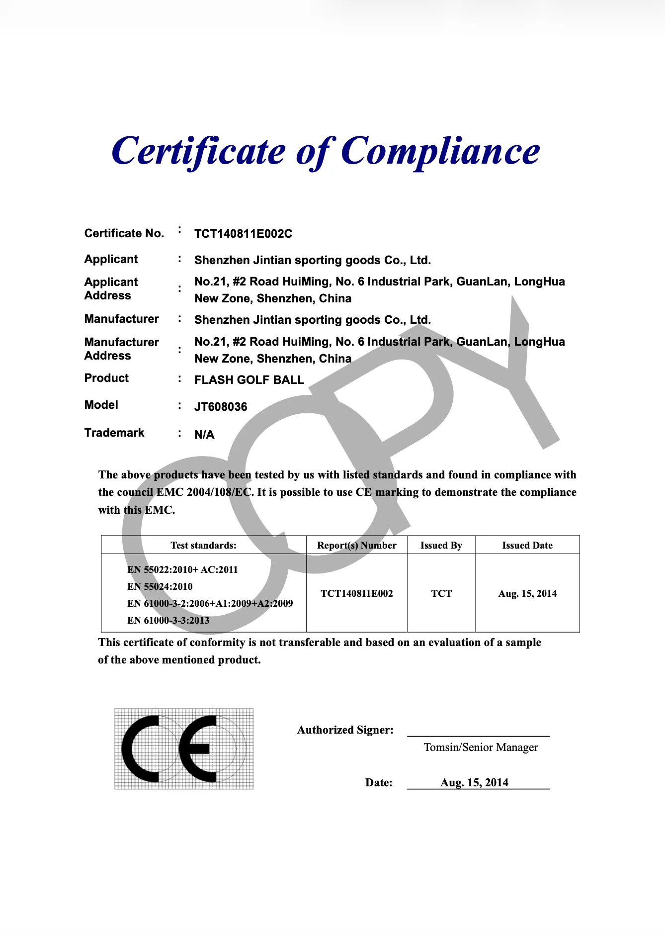 CE Certificate of Compliance