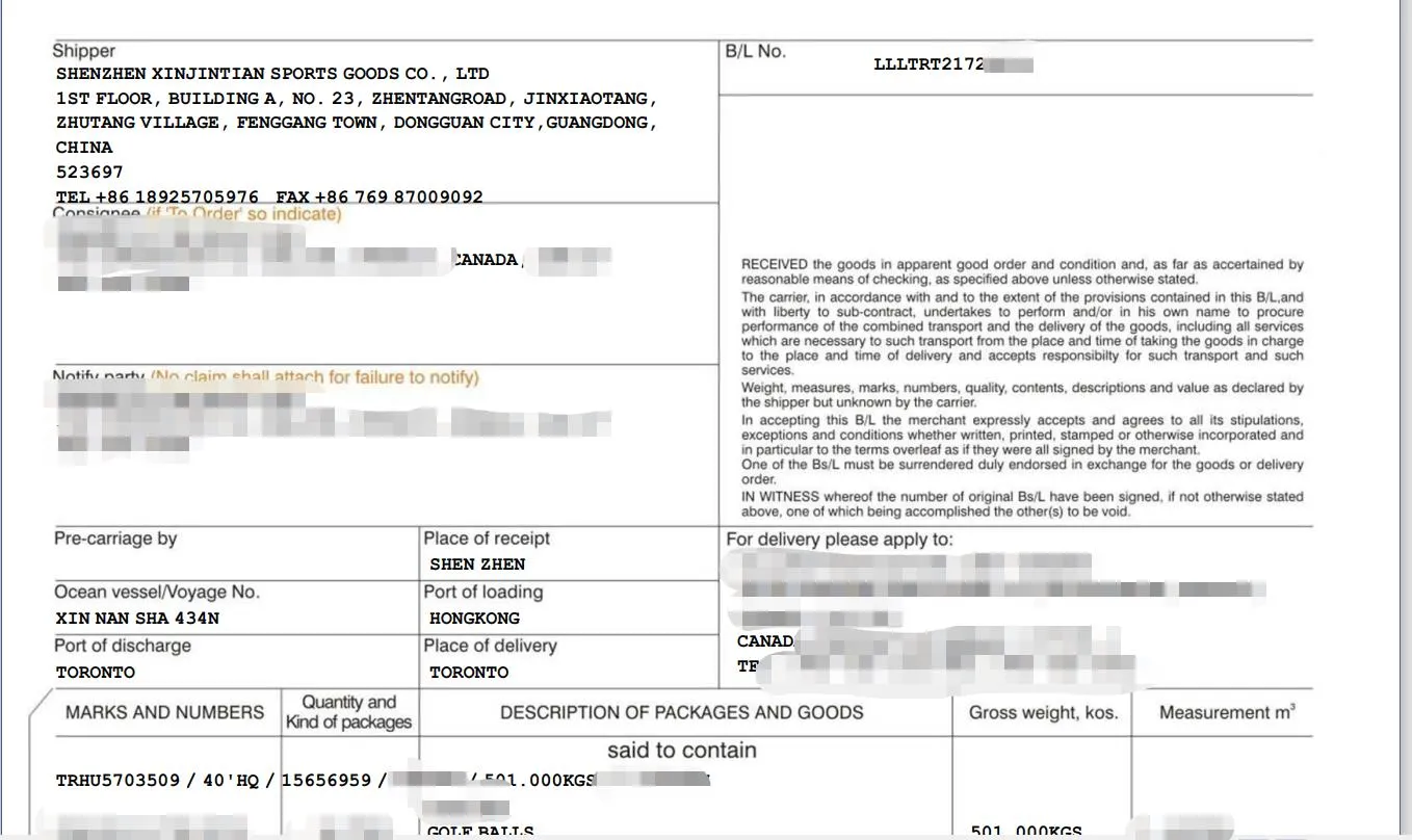 Golf ball customs clearance documentation to Canada