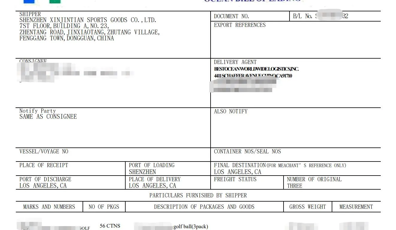 Golf ball customs documentation export to USA