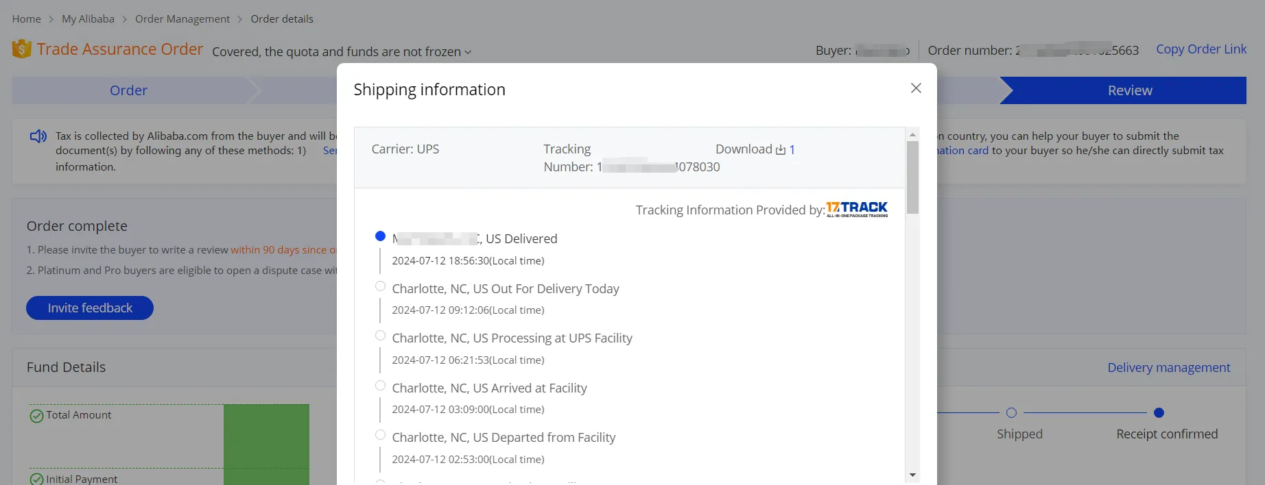 Verified golf ball factory order screenshot from custom brand buyer